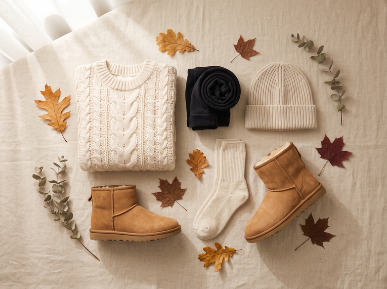 Autumn wardrobe flat-lay with wool socks