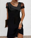 Women's Black Lace Dress, Asymmetric Neck Mini Cocktail Dress