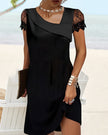 Women's Black Lace Dress, Asymmetric Neck Mini Cocktail Dress