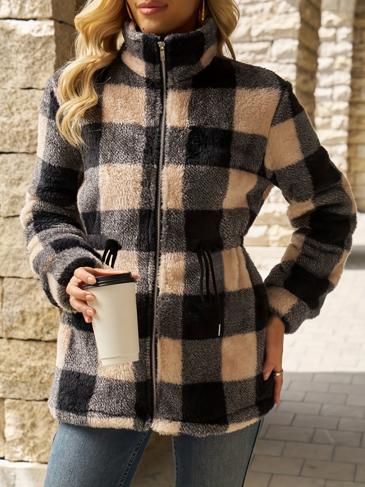 Women's Hooded Fleece Jacket, Plush Plaid Zip Up with Pockets