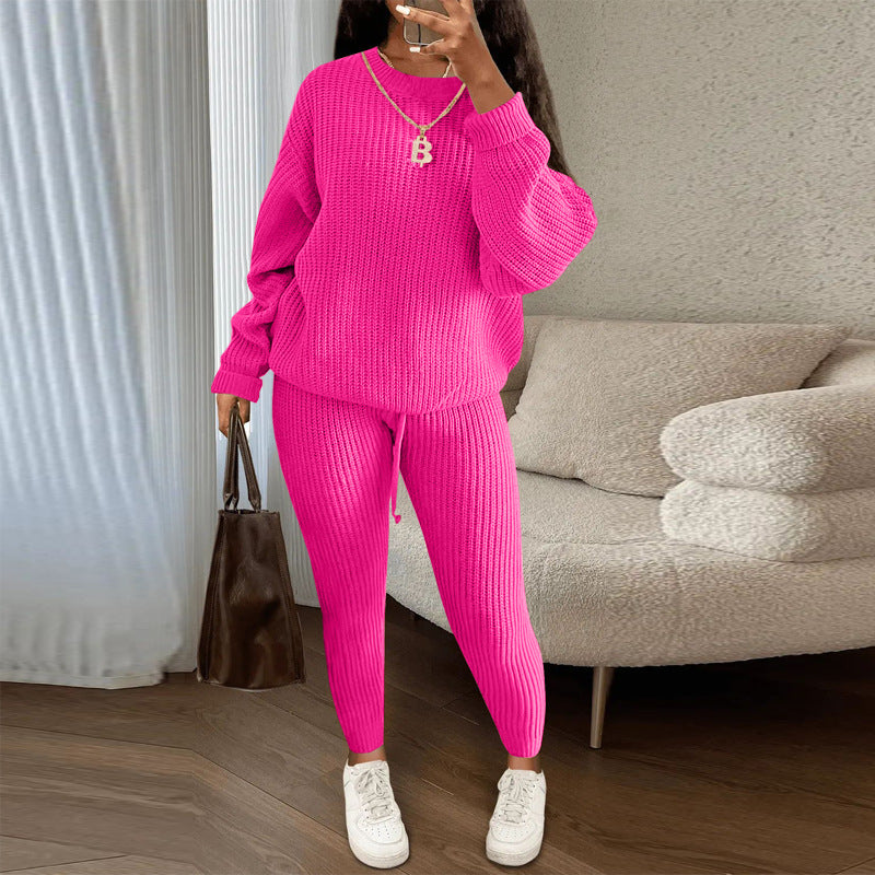 Lounge set for women in Hot Pink, ribbed knit sweater and pants