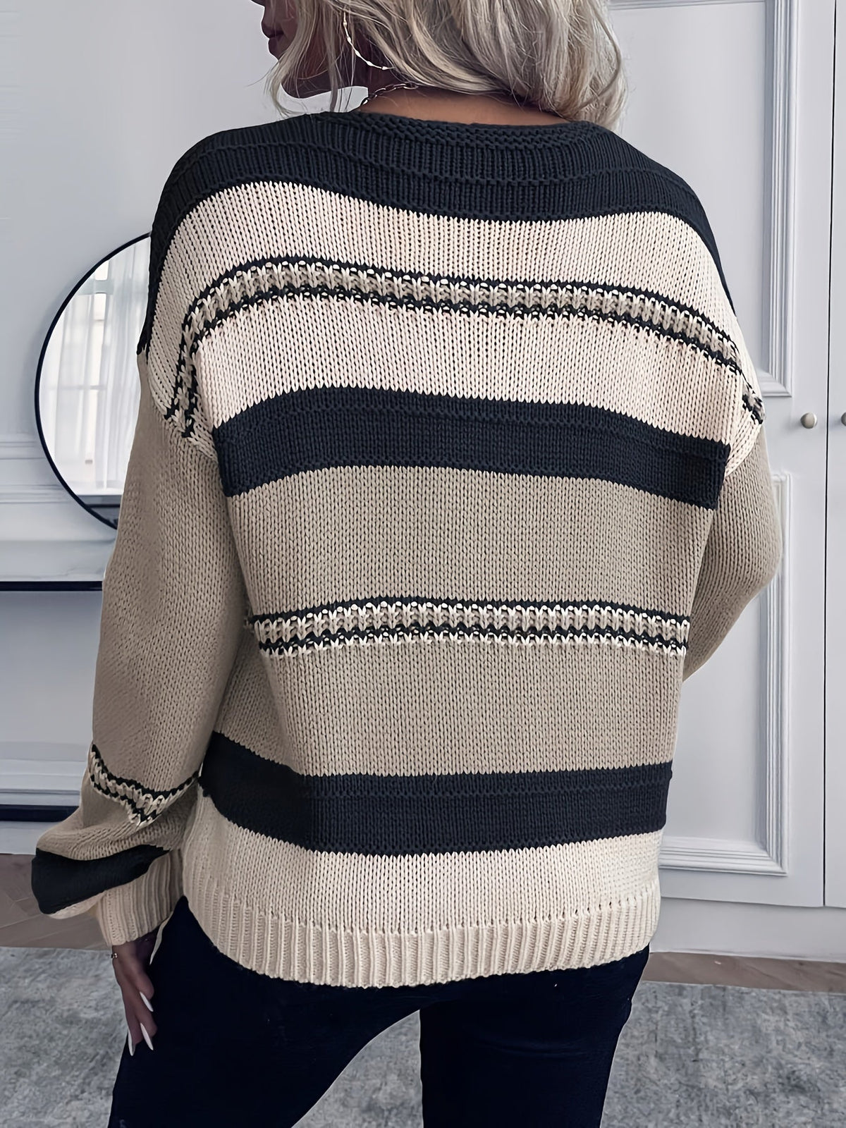 Women's V Neck Colorblock Striped Sweater, Relaxed Knit Pullover