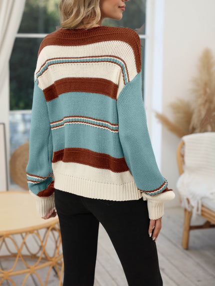 Women's V Neck Colorblock Striped Sweater, Relaxed Knit Pullover