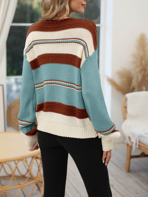 Women's V Neck Colorblock Striped Sweater, Relaxed Knit Pullover