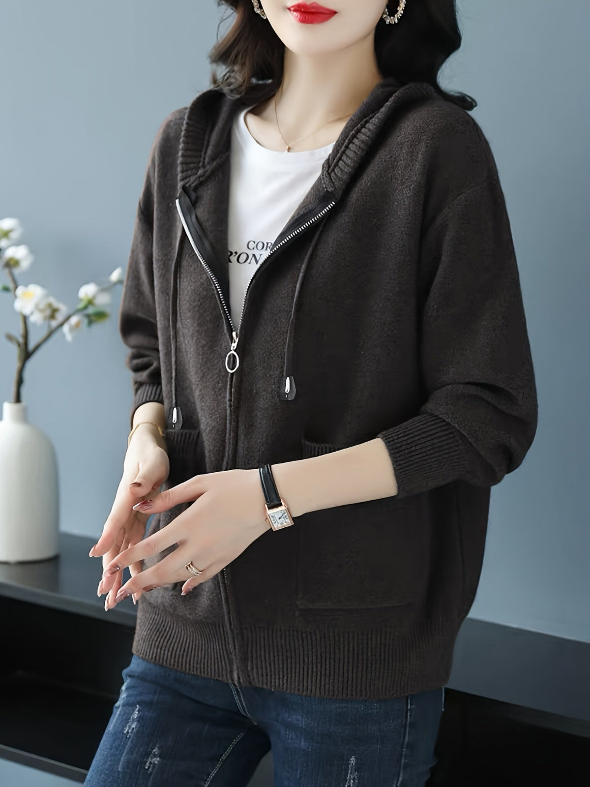 Women's Zip Up Cardigan, Lightweight Knit Hoodie with Pockets