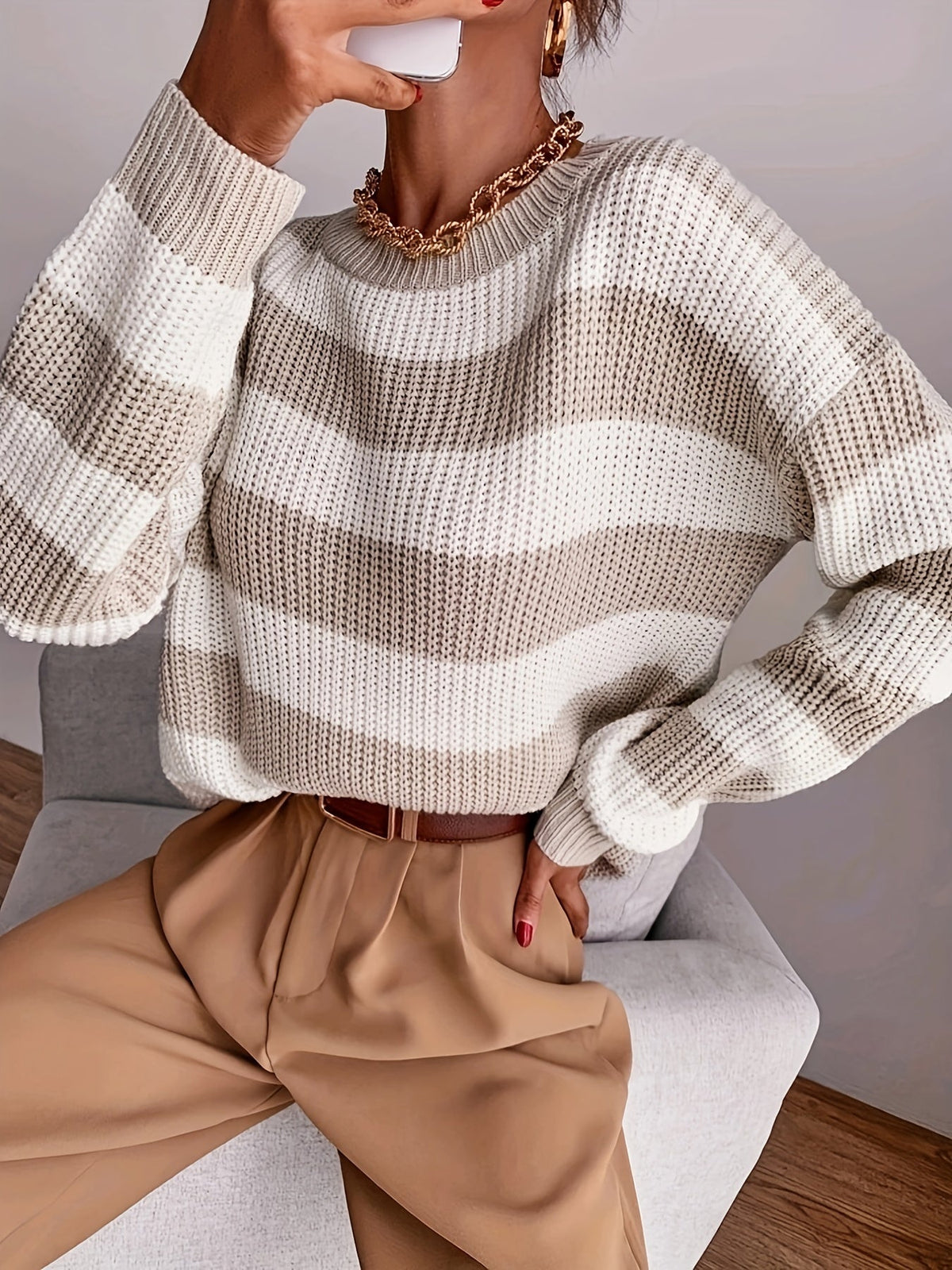 Women's Striped Sweater, Loose Fit Drop Shoulder Knit Pullover