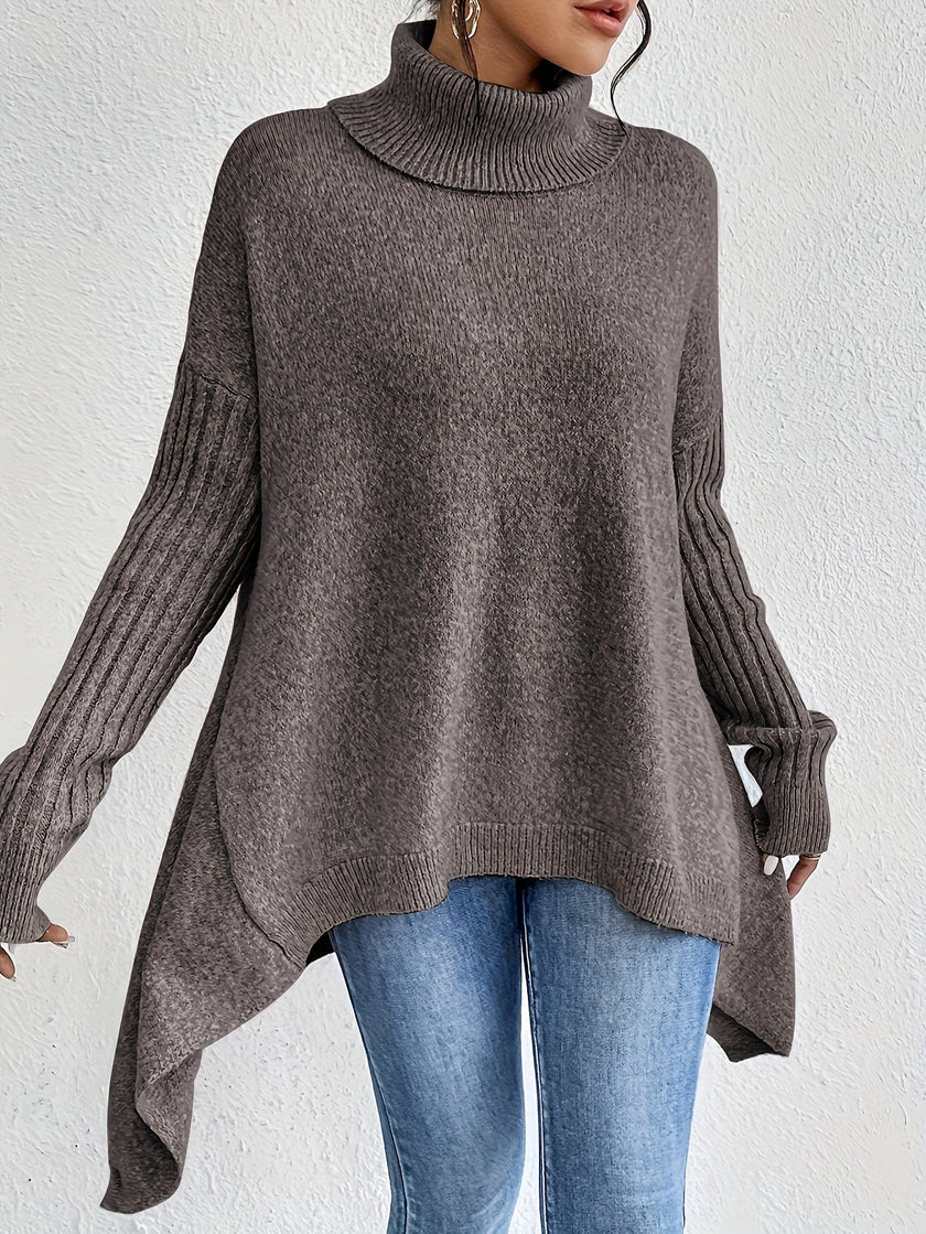 Women's Relaxed Turtleneck Sweater, Long High Neck Knit Pullover