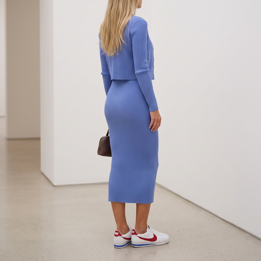 Two piece dress set for women with a ribbed midi dress and cropped button front cardigan