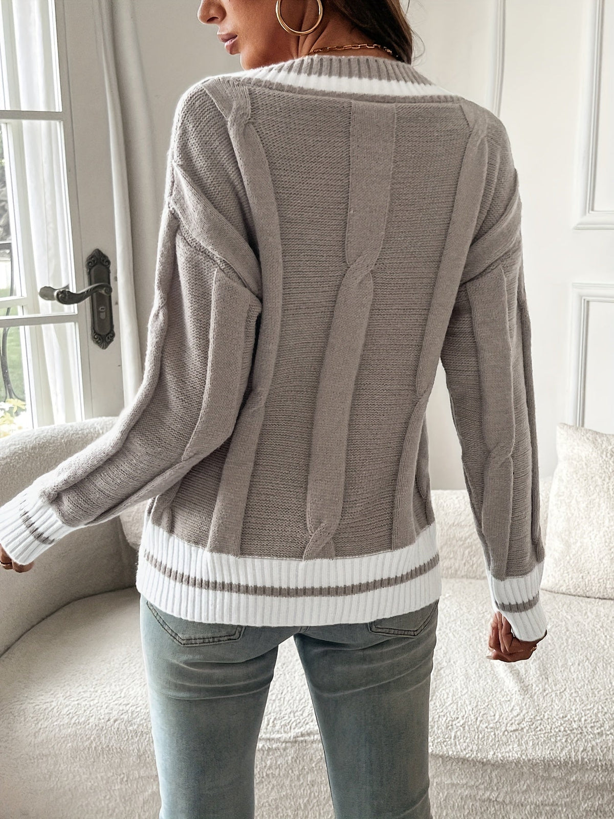 Women's V Neck Sweater, Long Relaxed Knit Tunic Pullover, Taupe