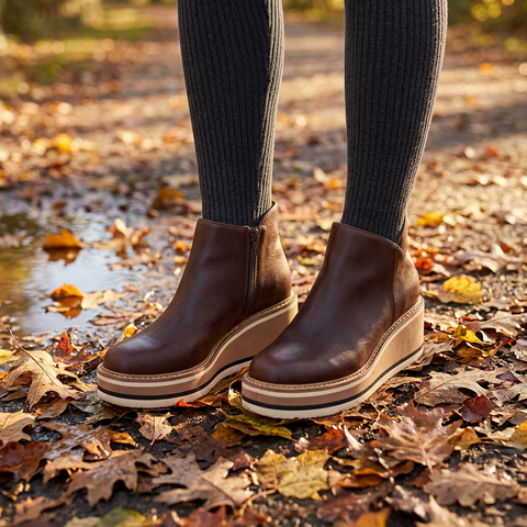 Brown waterproof ankle boots on an autumn park path