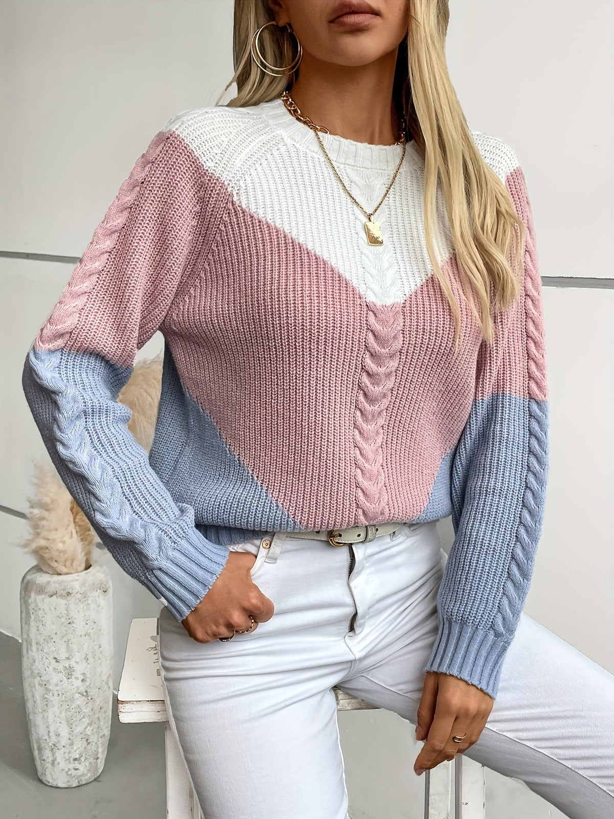 Women's Colorblock Sweater, Relaxed Crew Neck Two Tone Pullover