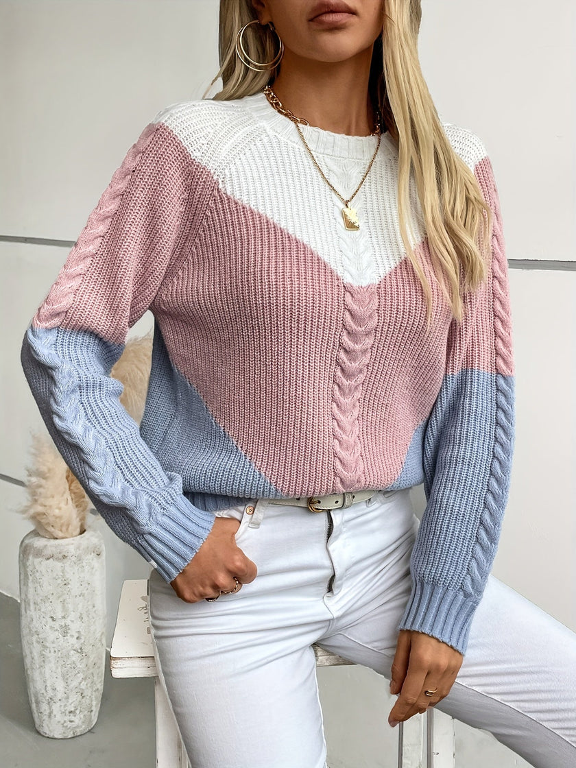 Women's Colorblock Sweater, Relaxed Crew Neck Two Tone Pullover