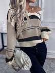 Women's V Neck Colorblock Striped Sweater, Relaxed Knit Pullover