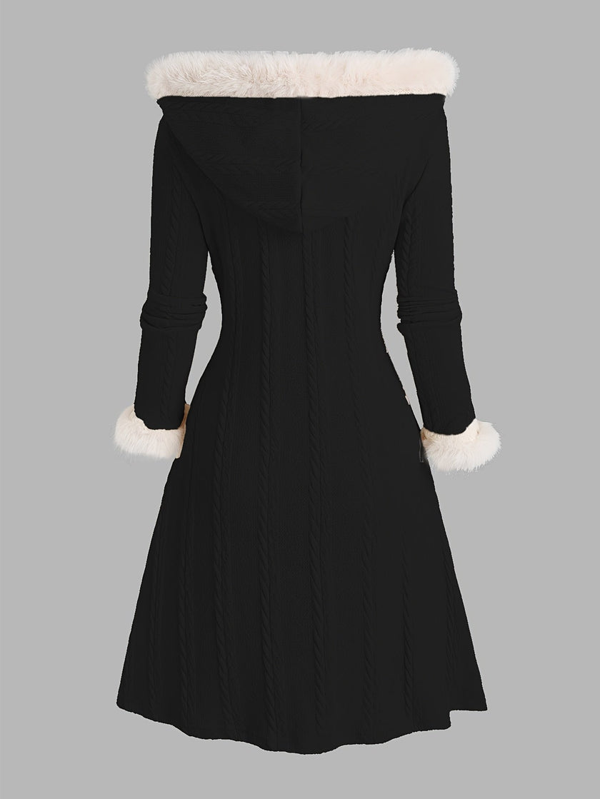 Women's Long Winter Coat with Faux Fur Hood, Toggle Front, Black