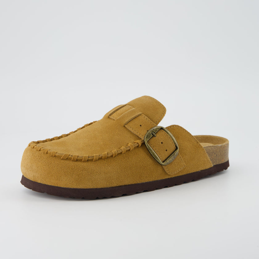 Women's Comfortable Slip On Walking Shoes, Suede Moc Toe with Cork Midsole