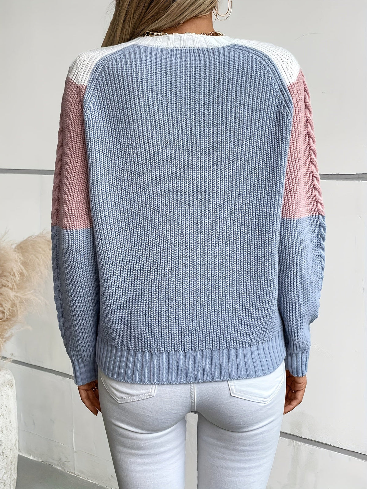 Women's Colorblock Sweater, Relaxed Crew Neck Two Tone Pullover