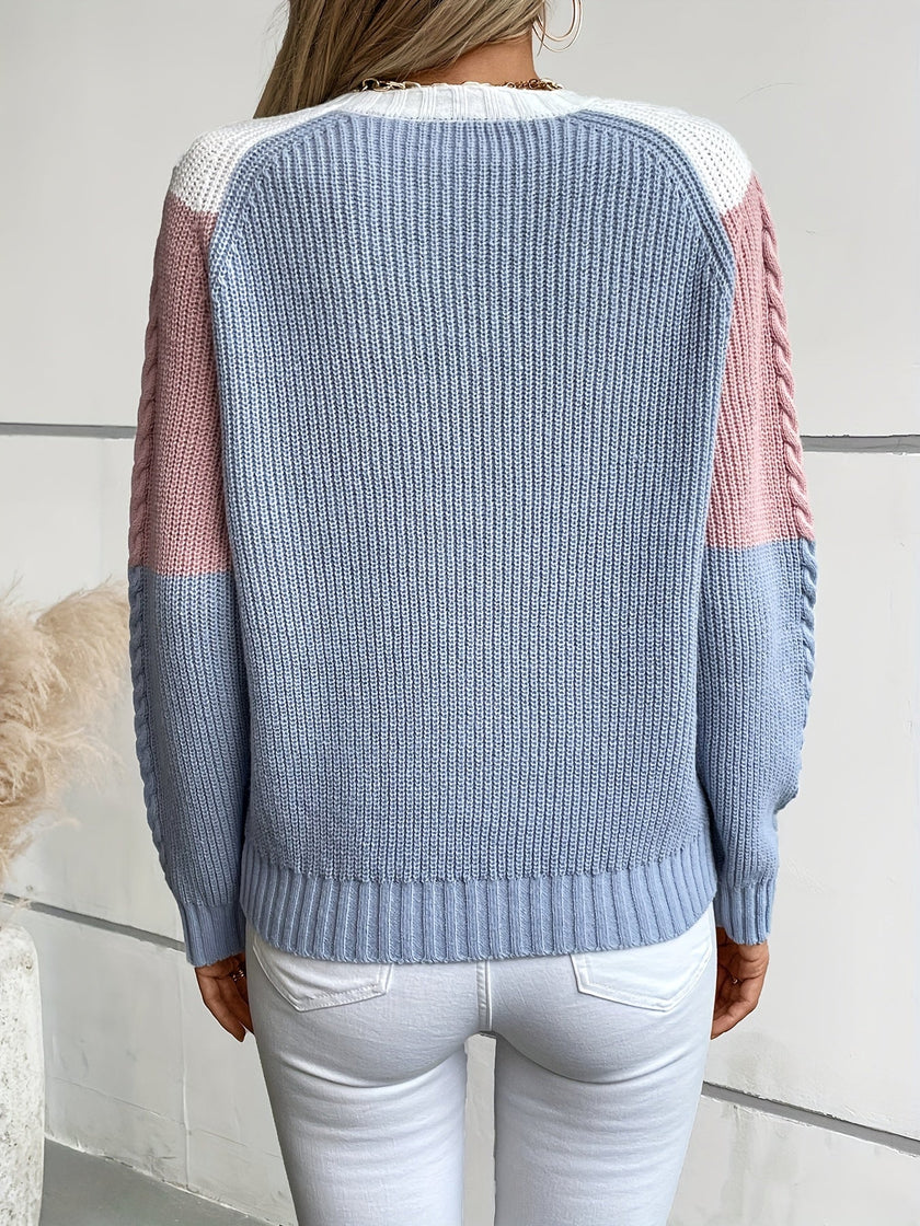 Women's Colorblock Sweater, Relaxed Crew Neck Two Tone Pullover