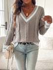 Women's V Neck Sweater, Long Relaxed Knit Tunic Pullover, Taupe