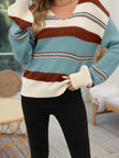 Women's V Neck Colorblock Striped Sweater, Relaxed Knit Pullover