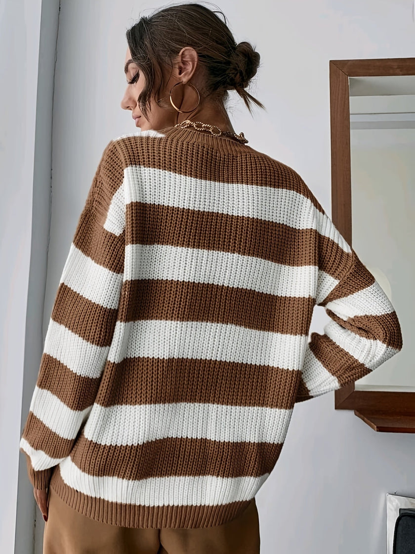 Women's Striped Sweater, Loose Fit Drop Shoulder Knit Pullover