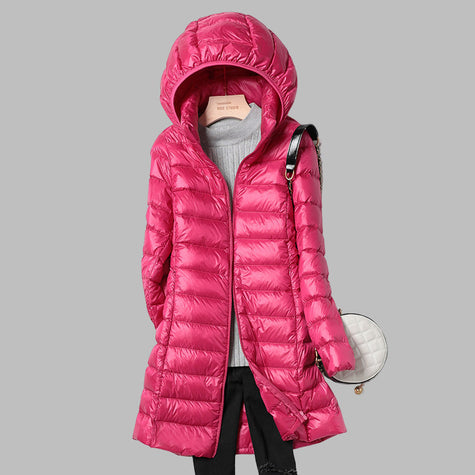 Long puffer coat for women in Dark Pink