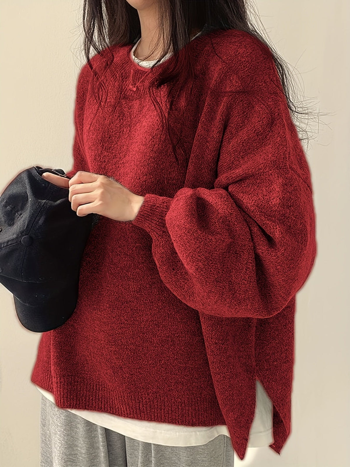 Women's Drop Shoulder Pullover Sweater, Relaxed Crew Neck Knit