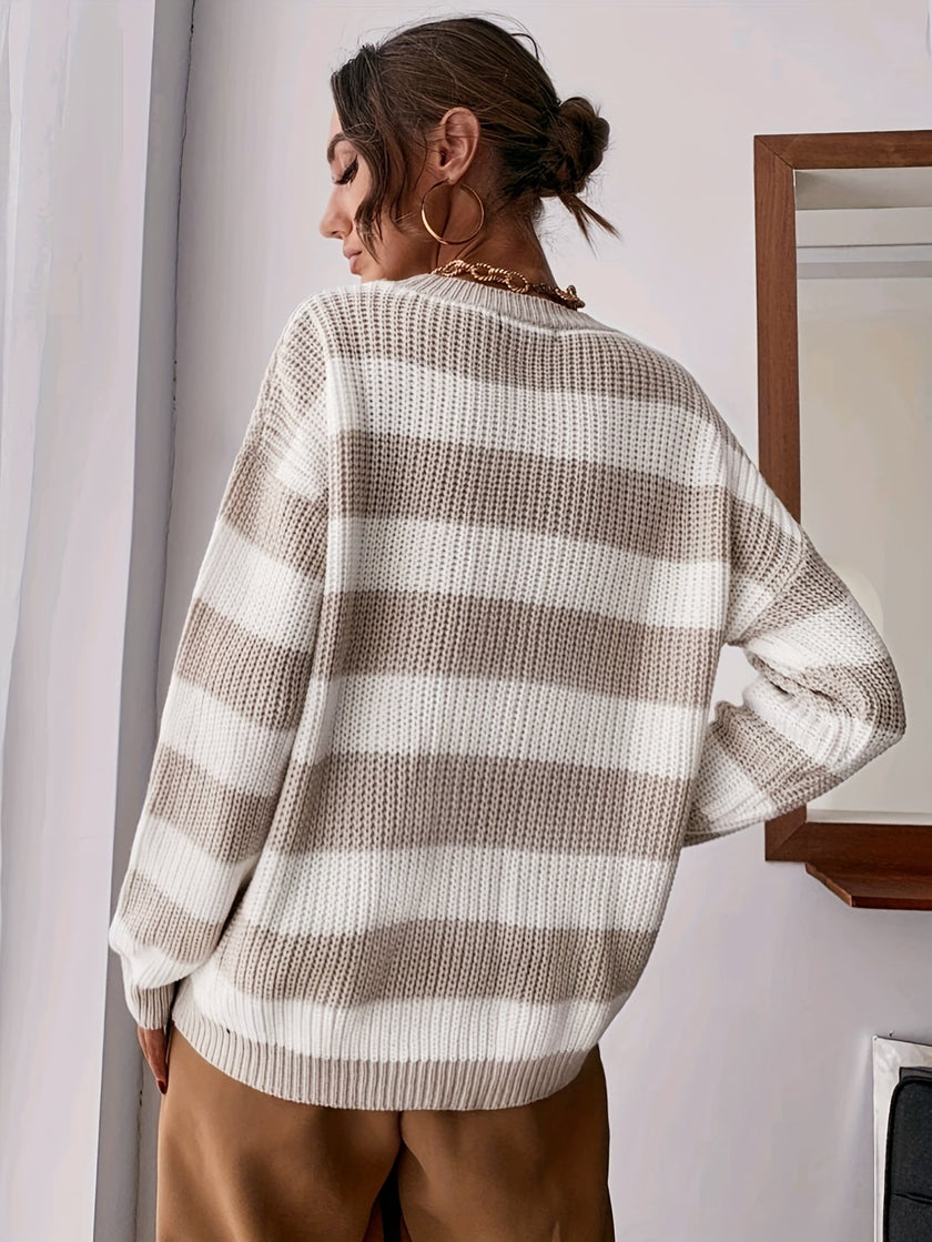 Women's Striped Sweater, Loose Fit Drop Shoulder Knit Pullover