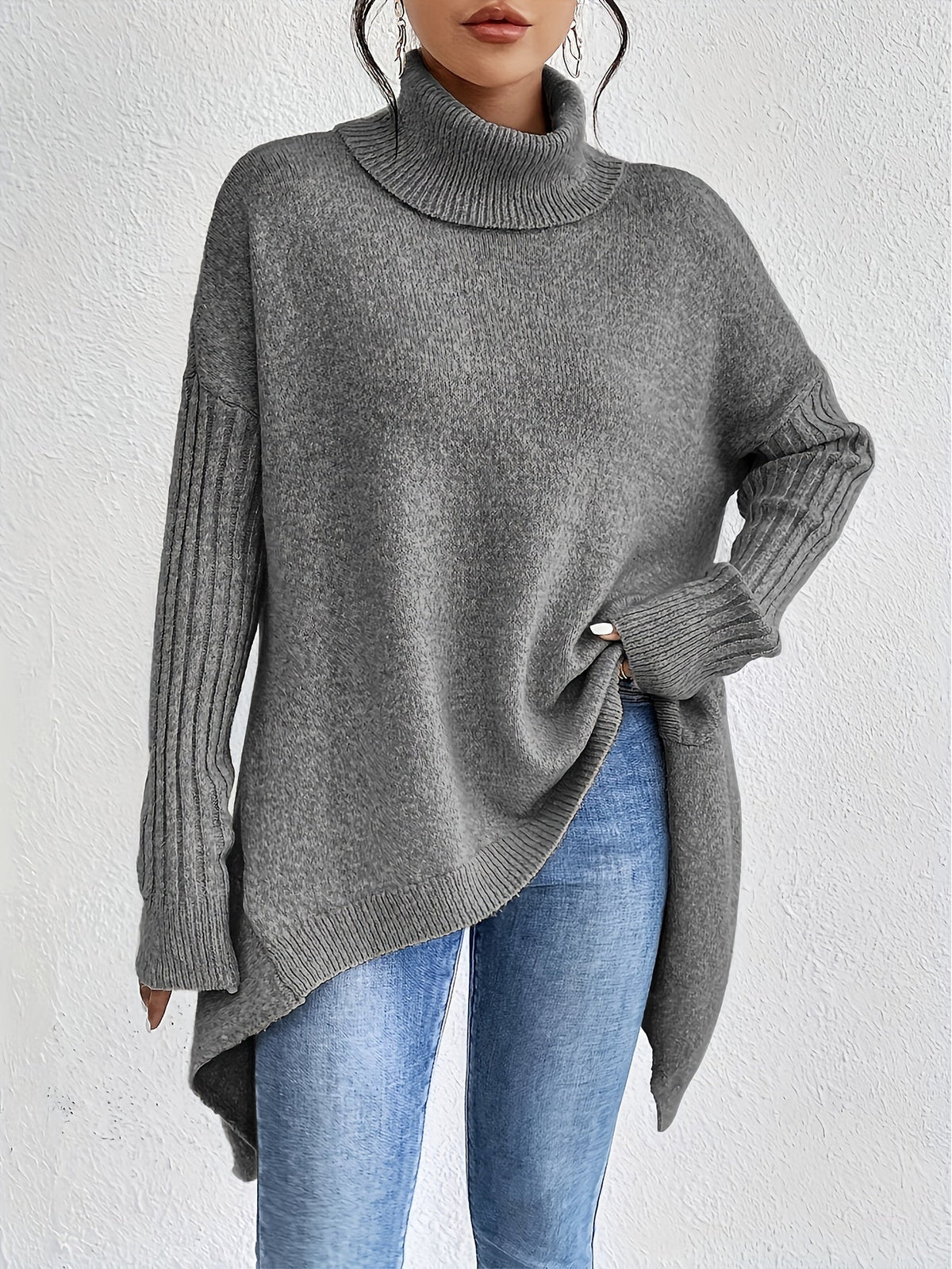 Women's Relaxed Turtleneck Sweater, Long High Neck Knit Pullover