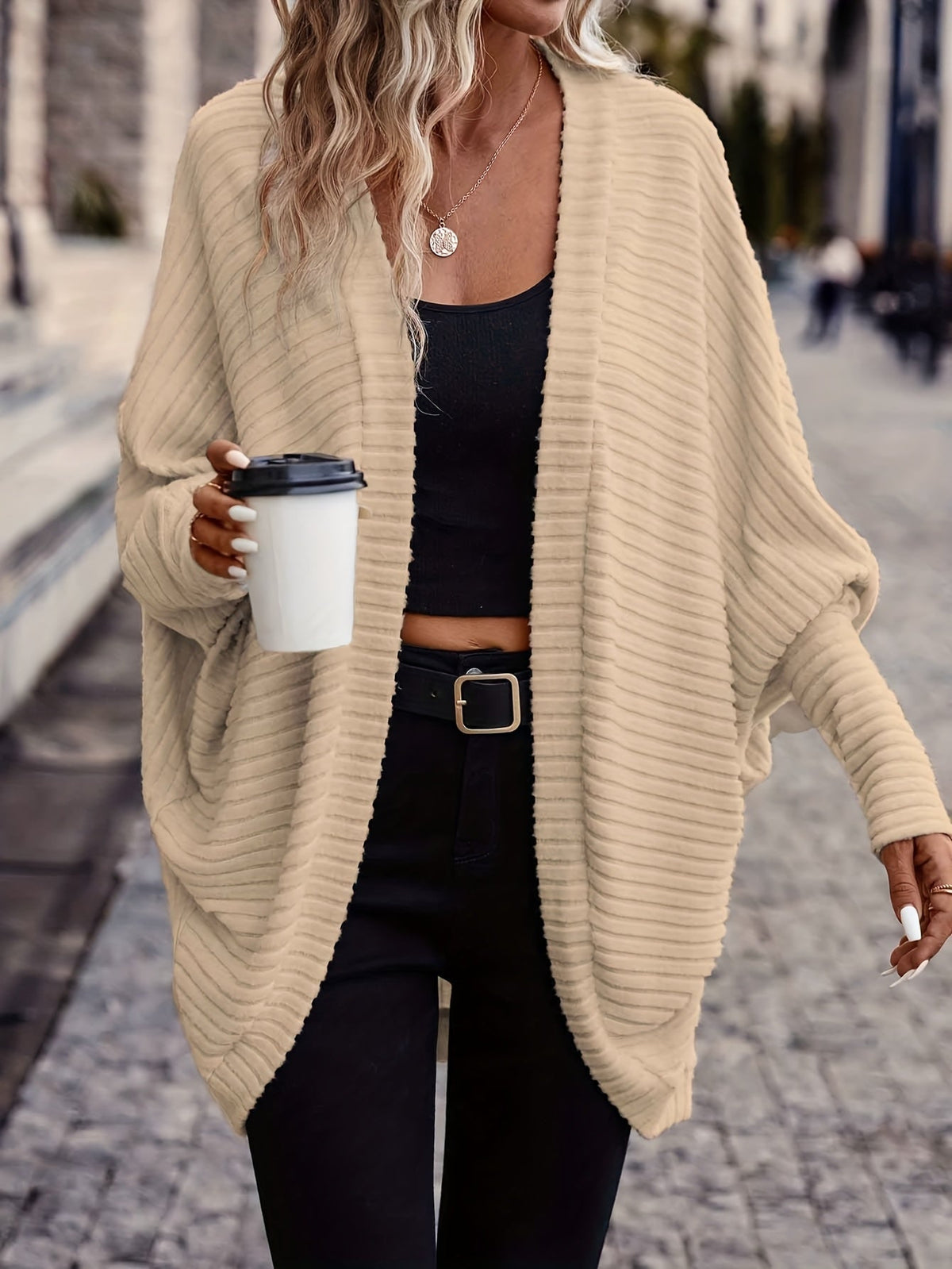 Women's Open Front Cardigan Sweater, Ribbed Knit Long Sleeve