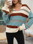 Women's V Neck Colorblock Striped Sweater, Relaxed Knit Pullover