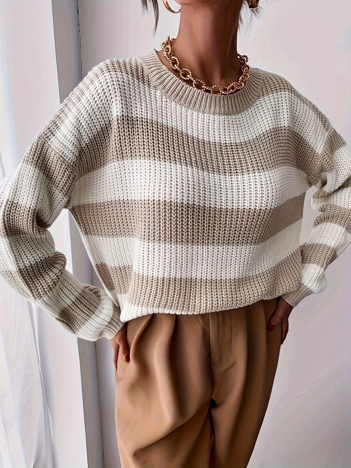 Women's Striped Sweater, Loose Fit Drop Shoulder Knit Pullover