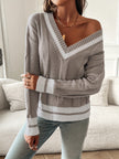 Women's V Neck Sweater, Long Relaxed Knit Tunic Pullover, Taupe