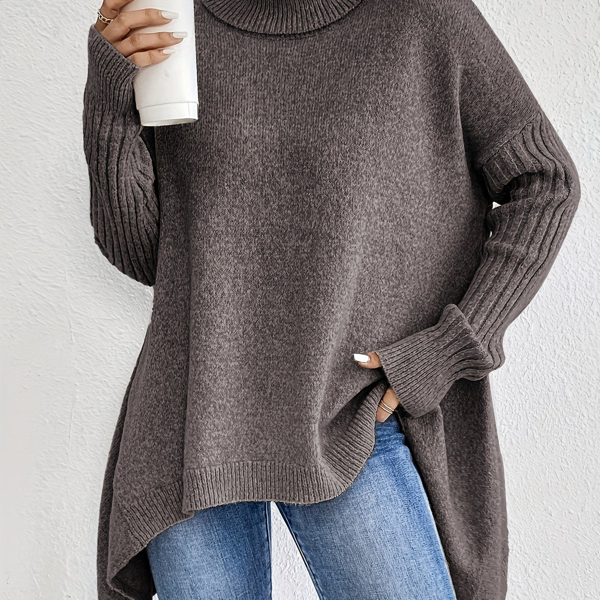 Women's Relaxed Turtleneck Sweater, Long High Neck Knit Pullover