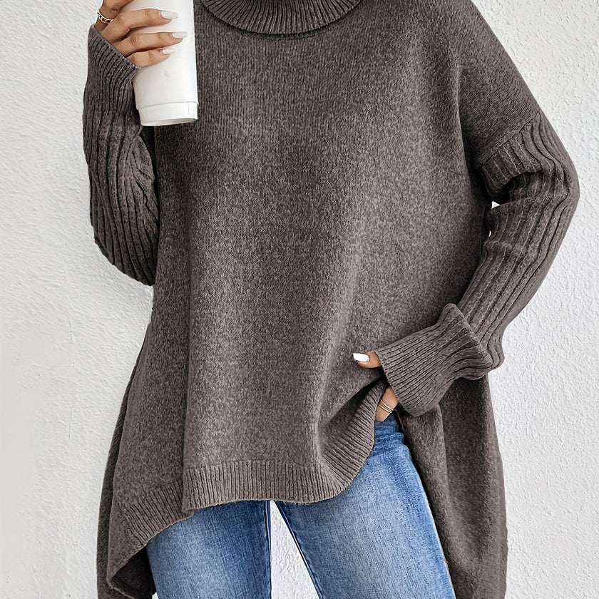 Women's Relaxed Turtleneck Sweater, Long High Neck Knit Pullover
