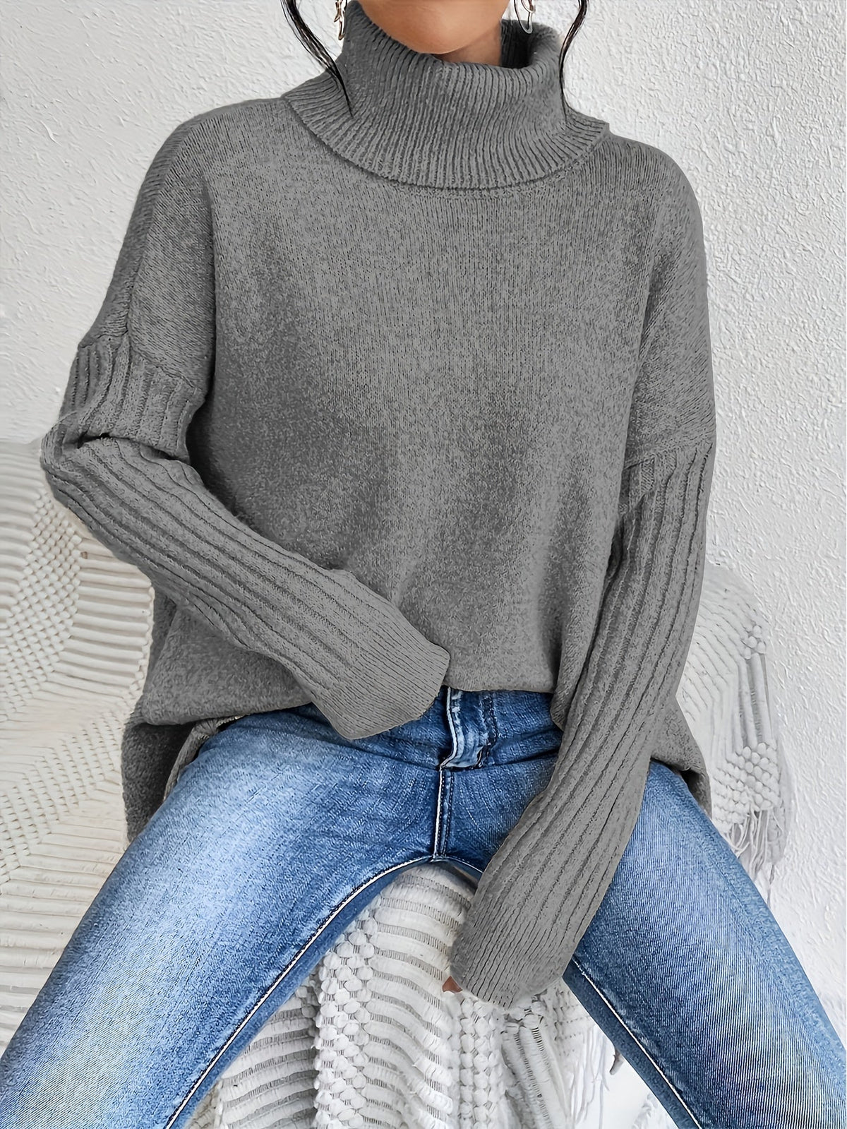 Women's Relaxed Turtleneck Sweater, Long High Neck Knit Pullover