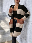 Women's Long Cardigan with Pockets, Colorblock Open Front Duster