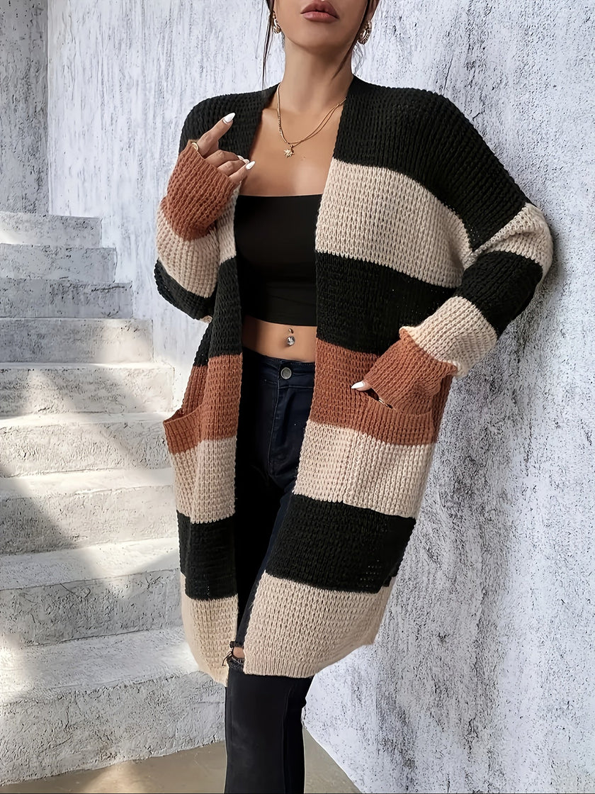 Women's Long Cardigan with Pockets, Colorblock Open Front Duster