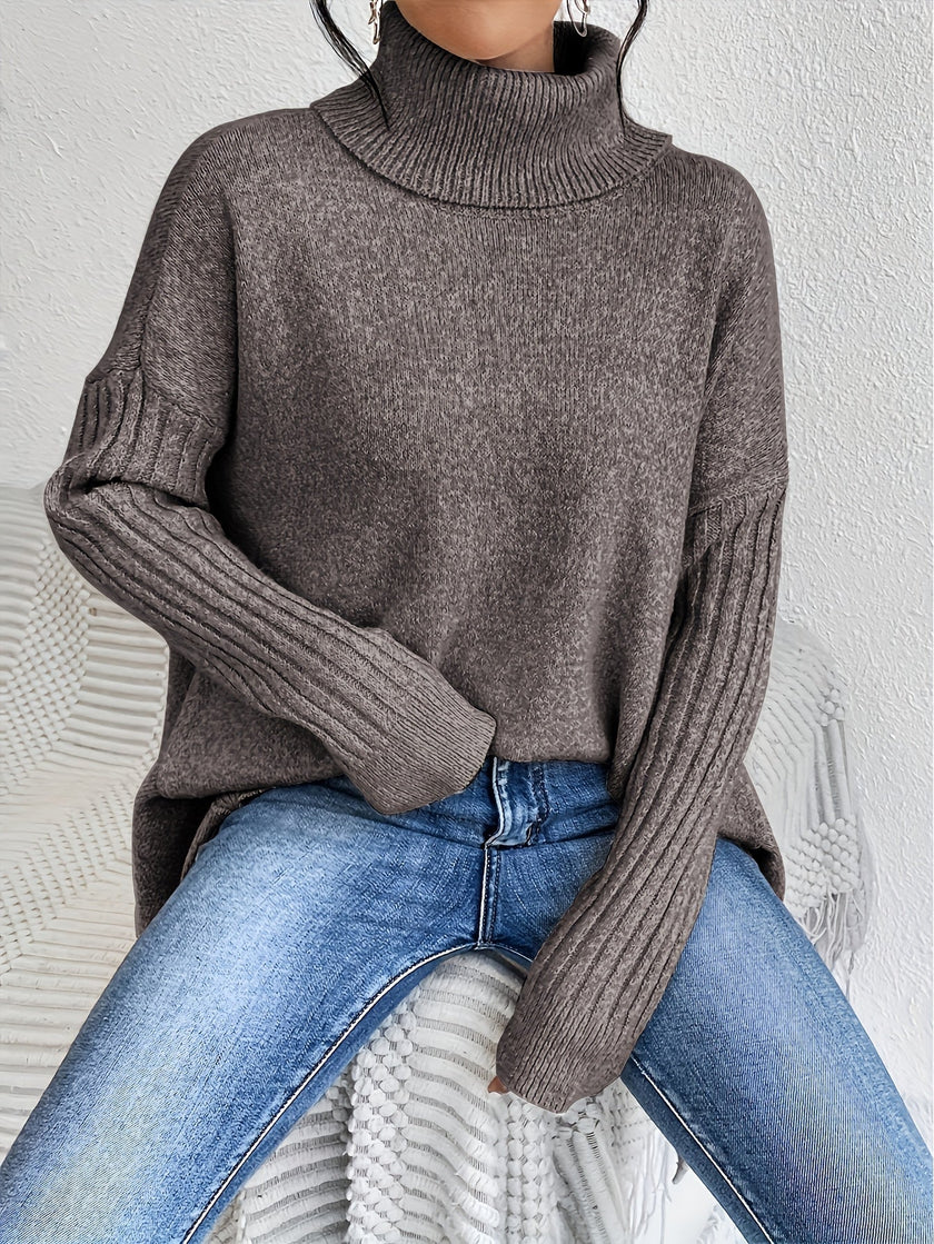 Women's Relaxed Turtleneck Sweater, Long High Neck Knit Pullover
