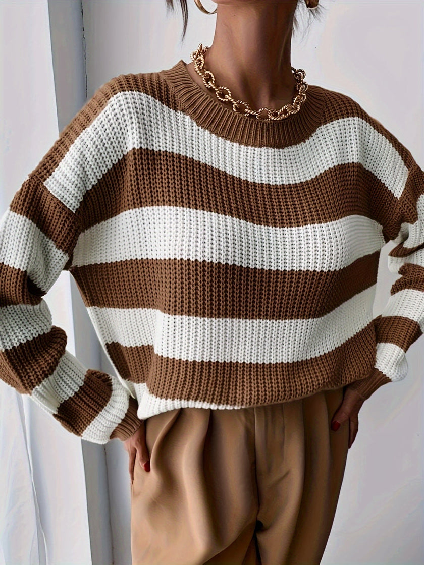 Women's Striped Sweater, Loose Fit Drop Shoulder Knit Pullover