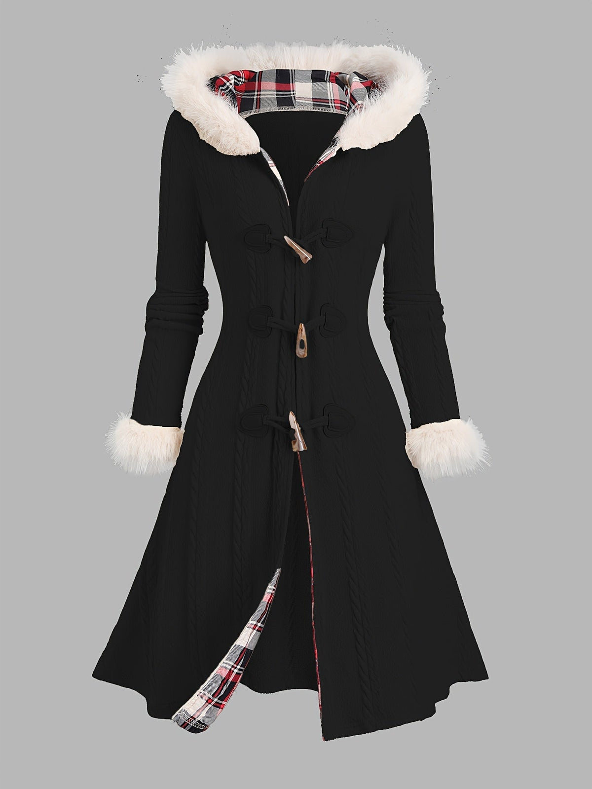 Women's Long Winter Coat with Faux Fur Hood, Toggle Front, Black
