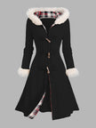 Women's Long Winter Coat with Faux Fur Hood, Toggle Front, Black