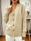 Women's V Neck Button Up Cardigan Sweater with Heart Buttons