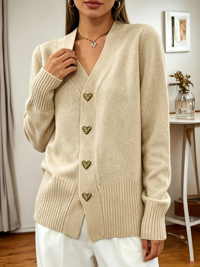 Women's V Neck Button Up Cardigan Sweater with Heart Buttons