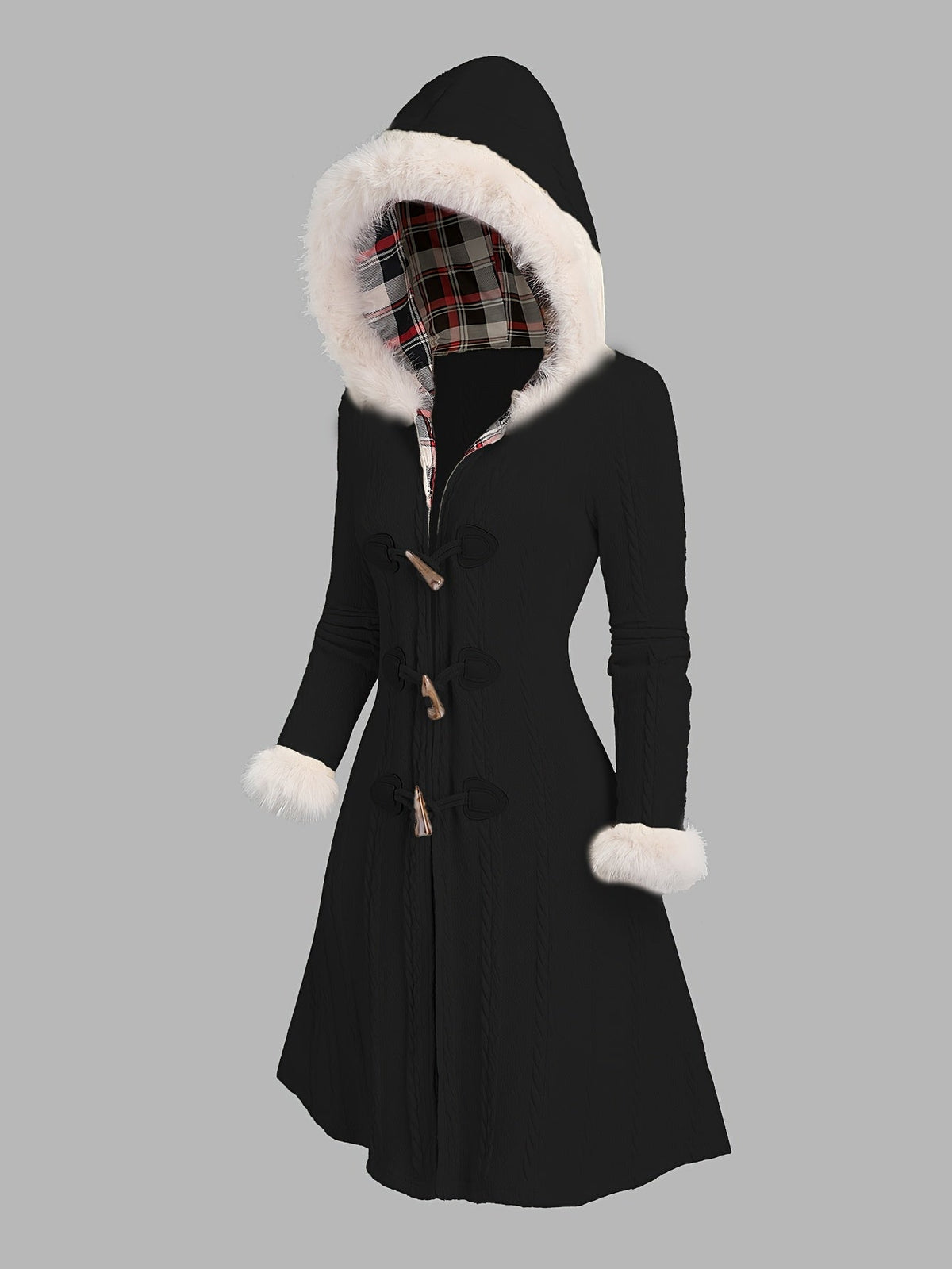Women's Long Winter Coat with Faux Fur Hood, Toggle Front, Black