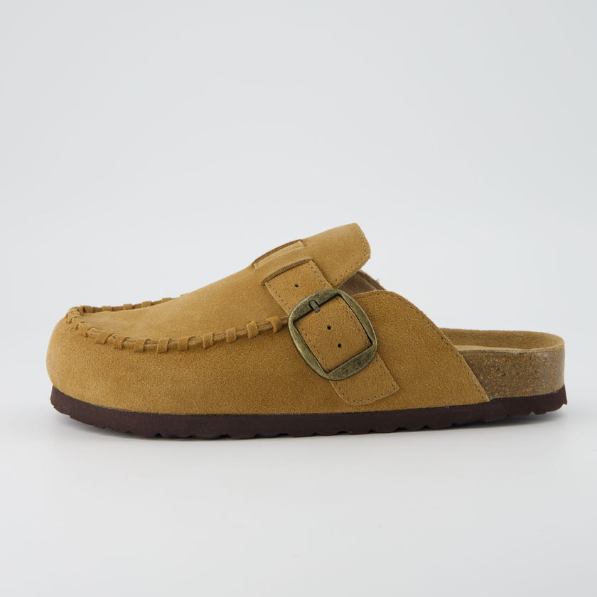 Women's Comfortable Slip On Walking Shoes, Suede Moc Toe with Cork Midsole