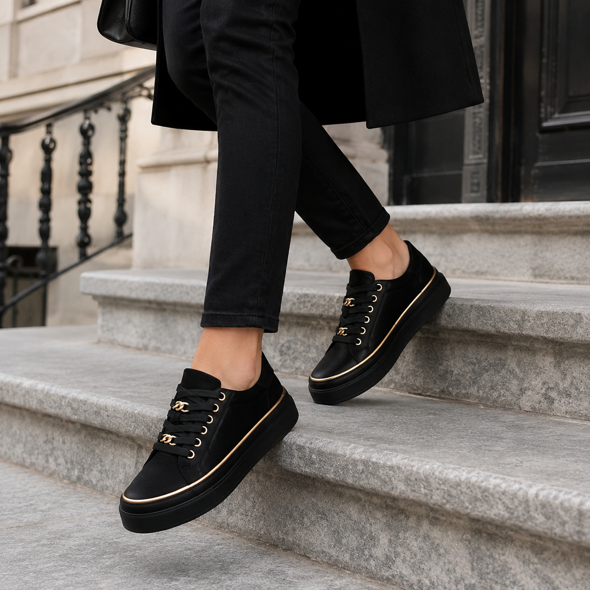 Women's White Platform Sneakers, Gold Chain Lace Up Fashion Sneakers