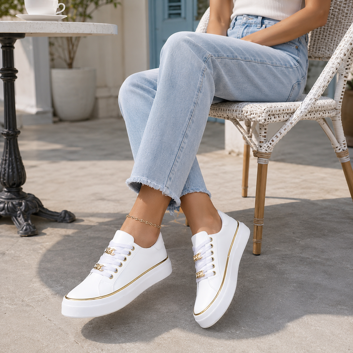 Women's White Platform Sneakers, Gold Chain Lace Up Fashion Sneakers