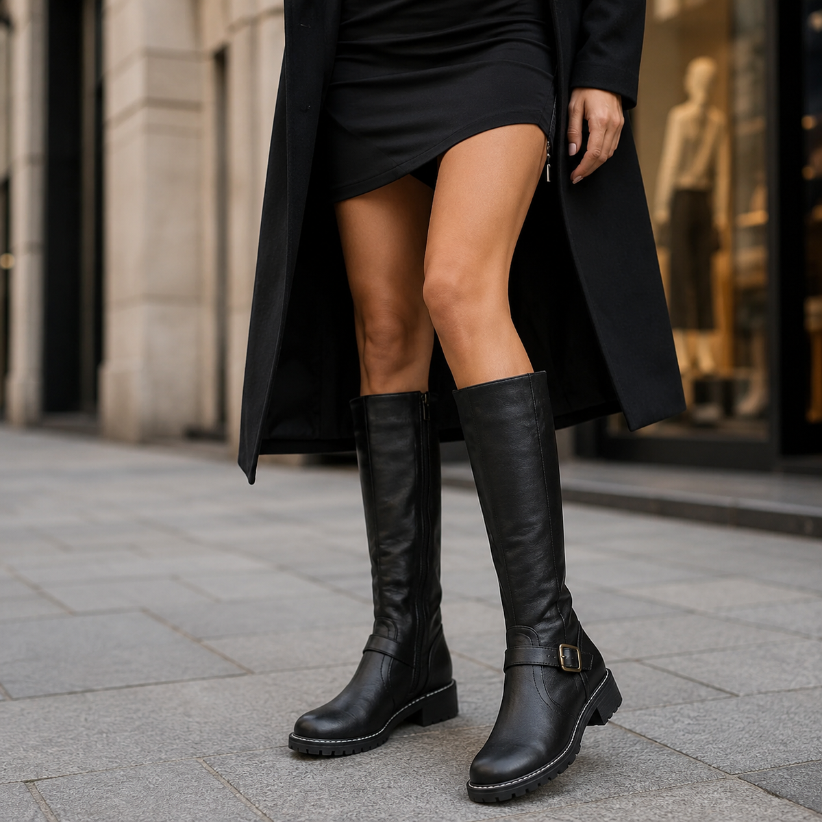 Women's Buckle Riding Boots, Knee High Buckle Boots with Block Heel