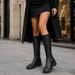 Women's Buckle Riding Boots, Knee High Buckle Boots with Block Heel