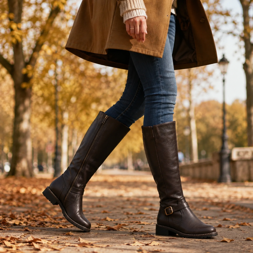 Women's Buckle Riding Boots, Knee High Buckle Boots with Block Heel